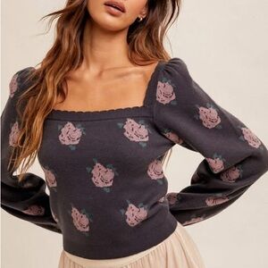 Square Neck Rose Print Knit Sweater Dark Blue Size Medium